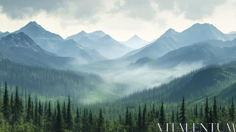 AI ART Serene Forest and Mountains in Mist