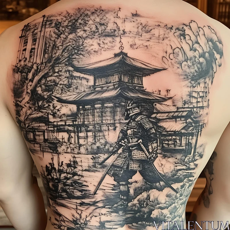 Samurai and Temple Back Tattoo AI Image