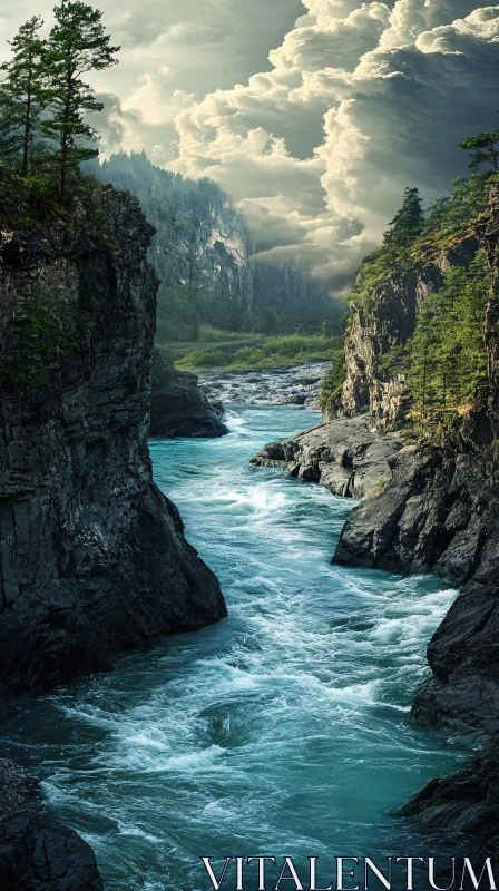 AI ART Majestic Canyon River with Pine-Clad Cliffs