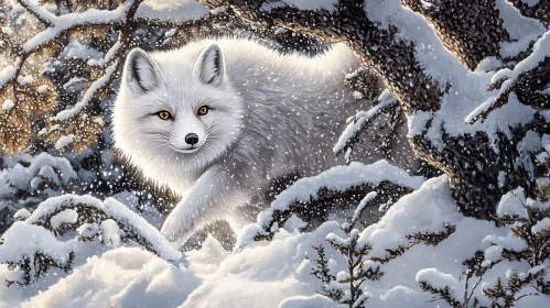 White Fox in Snowy Forest