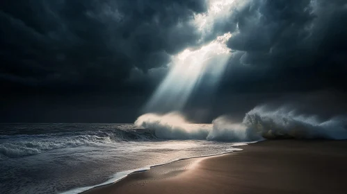 Stormy Beach with Piercing Sunlight