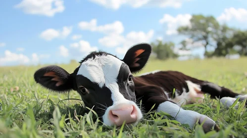 Peaceful Calf in Field of Green