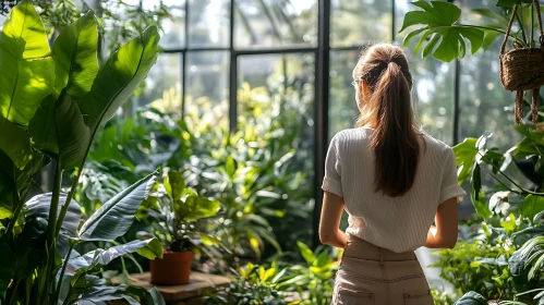 Botanical Serenity: Woman in Lush Greenhouse