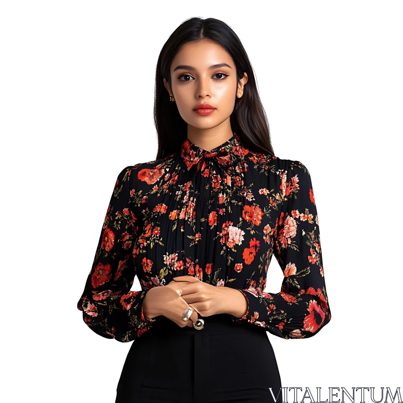 Woman in Floral Blouse Portrait AI Image