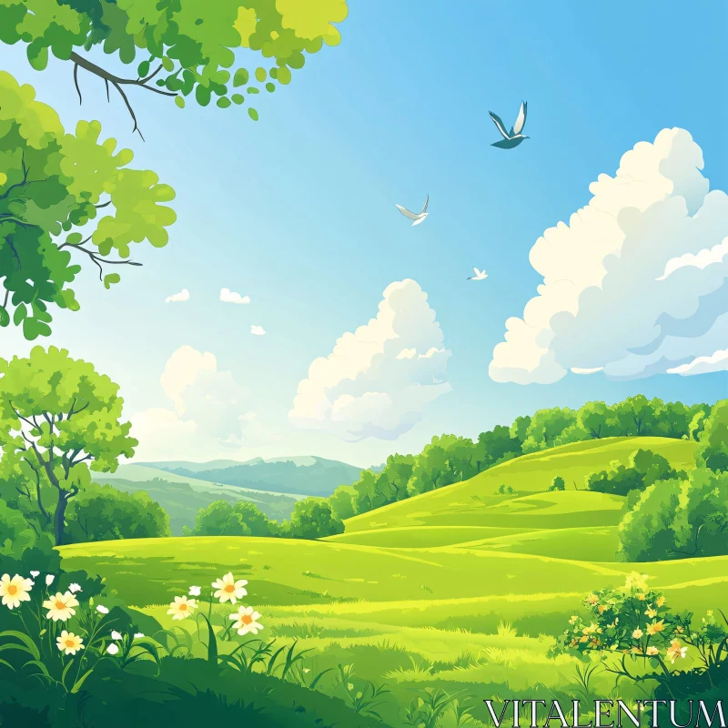 Peaceful Meadow with Birds Flying Above AI Image