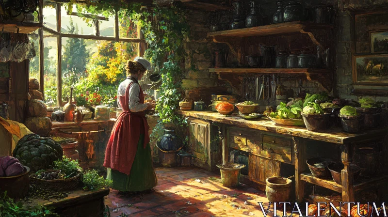 Rustic Kitchen Interior with Woman Cooking AI Image