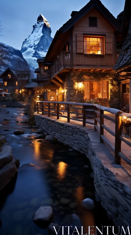 Blond Firelight Reflection: Captivating Stone Buildings by the Creek AI Image