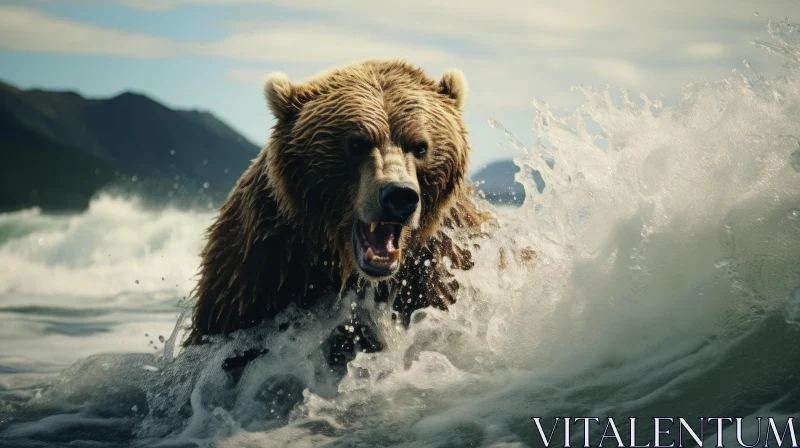Brown Bear Battling Ocean Waves: A Portraiture of Animal Intensity AI Image