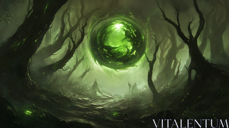 AI ART Eerie Green Orb in Dark Forest