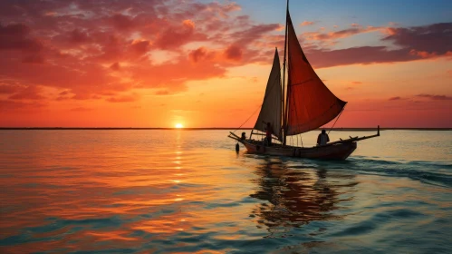 Captivating Sunset Sailboat Artwork Inspired by Traditional Arts | Exotic and Romantic Theme