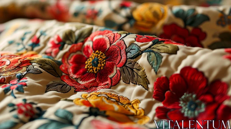 Close-Up Floral Embroidered Fabric: Red and Yellow Repeating Pattern AI Image