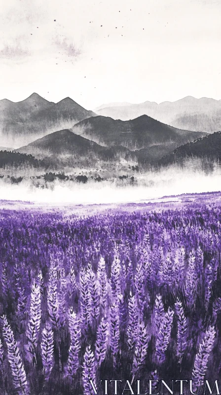 Purple Field and Misty Mountains AI Image