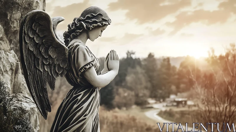 AI ART Serene Angel Sculpture with Landscape Backdrop