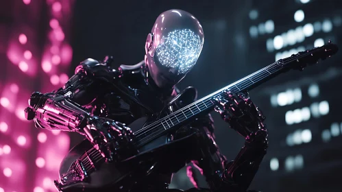 Cyberpunk Cyborg Guitarist Under City Lights