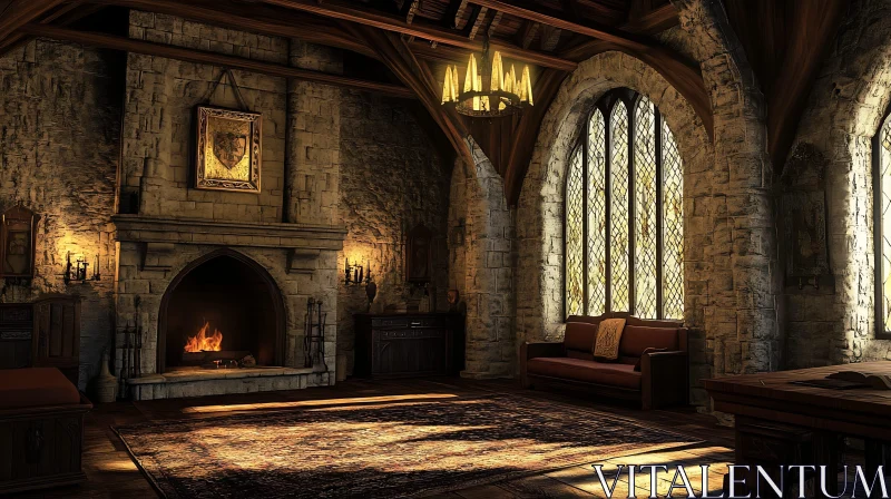 AI ART Interior of a Stone Room with Fireplace