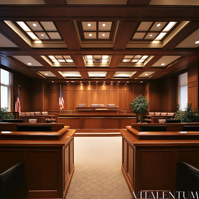 Courtroom with Wooden Furniture and Flags AI Image