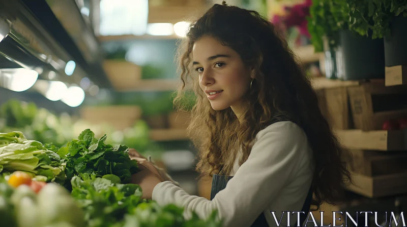 Contemplative Woman with Vegetables AI Image