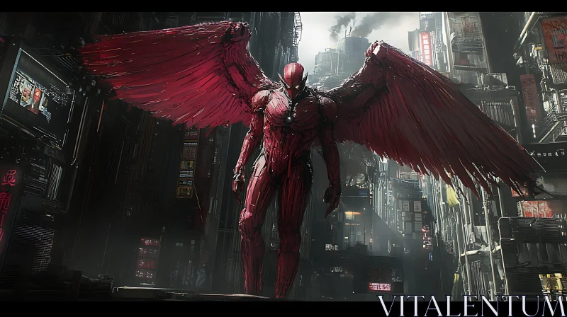 Winged Cyborg in Urban Future AI Image