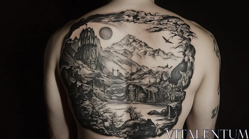 Detailed Mountain and Forest Back Tattoo AI Image