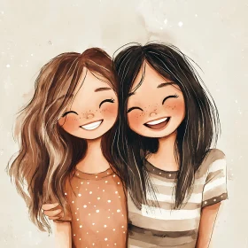 Two Cheerful Girls: A Heartwarming Cartoon Portrait