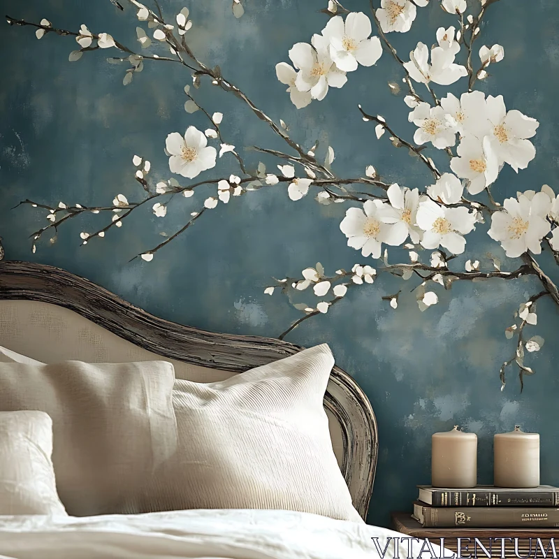 AI ART Serene Bedroom Interior with White Flowers