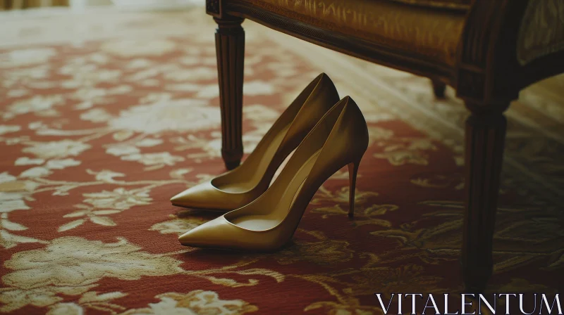 Exquisite Gold High Heel Shoes on a Floral Patterned Floor AI Image