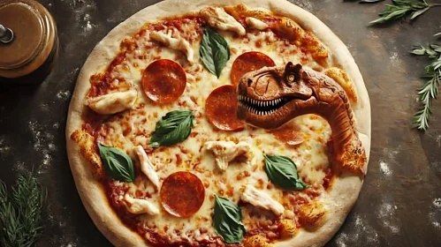 Artistic Pepperoni Pizza with Dinosaur