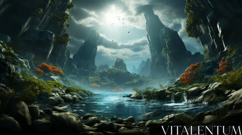 Fantasy River Landscape: A Fusion of East and West AI Image