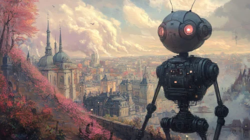 Futuristic Robot Overlooking Urban Landscape