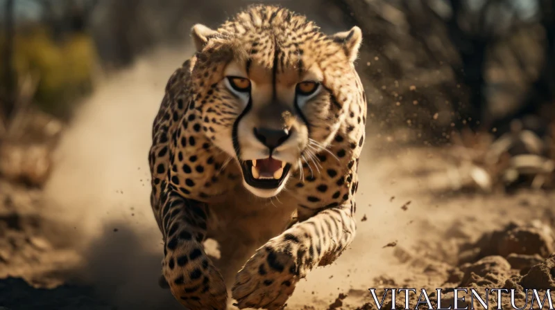 Intense Close-up of a Running Cheetah - Expressive Wildlife Photography AI Image