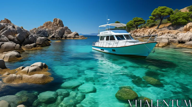 Luxurious Mediterranean Landscape: A Boat at Anchor Near a Blue Sky AI Image