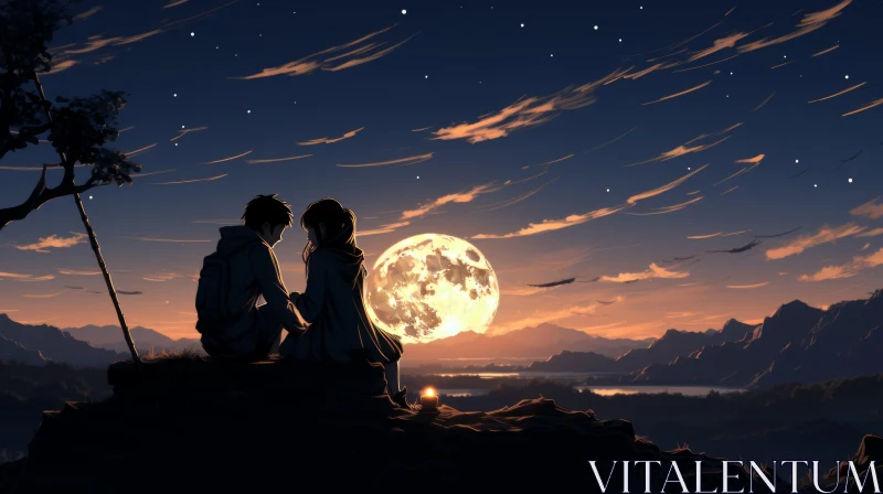 Romantic Moonlit Anime Illustration of a Couple in Mountains AI Image