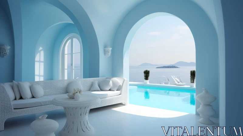 AI ART Serene Living Room with Blue Couch and Swimming Pool | Dreamlike Architecture