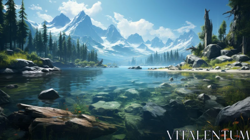 AI ART Serene Mountain and Water Landscape - Captivating Nature Scene