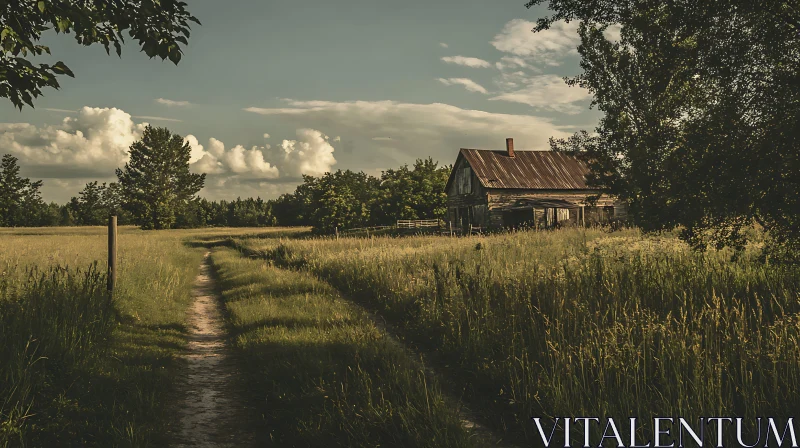 Old Farmhouse in Grassy Field AI Image