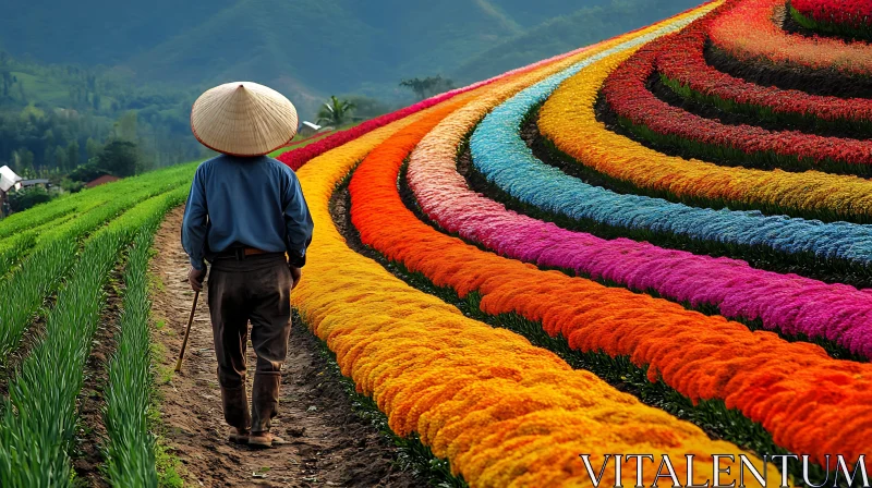 Colorful Flower Field with Walking Farmer AI Image