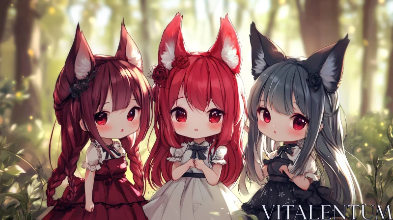 AI ART Three Fox-Eared Anime Girls in a Forest