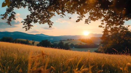 Tranquil Sunset Over Golden Field