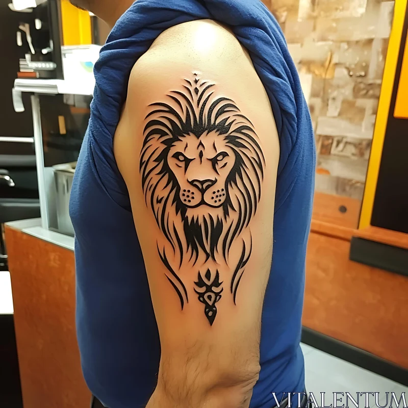 Lion Tattoo with Tribal Design on Arm AI Image