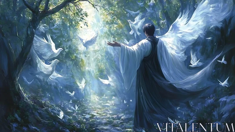 AI ART Forest Angel with Flying Doves