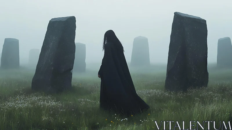 AI ART Misty Stone Circle with Dark Figure