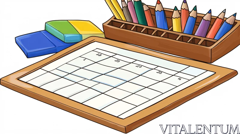 AI ART Colorful Cartoon Calendar and School Supplies