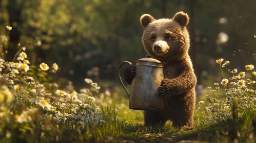 Whimsical Bear in a Field of Flowers