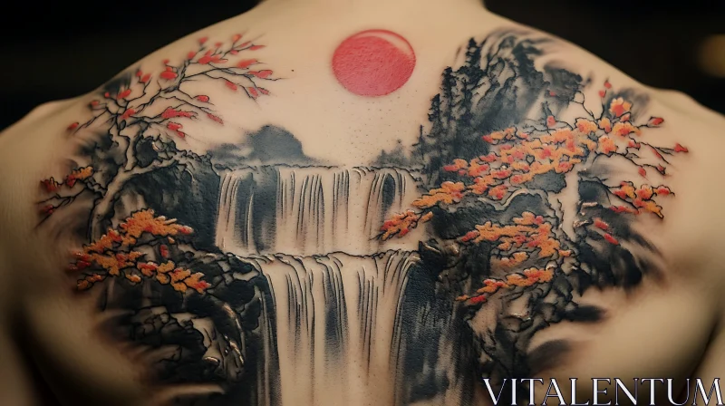 AI ART Back Tattoo: Waterfall with Red Sun and Branches