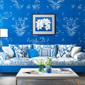 Serene Blue Room with Patterned Sofa