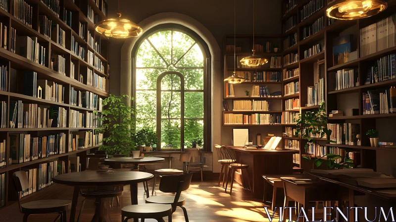 Sunlit Reading Room with Bookshelves AI Image