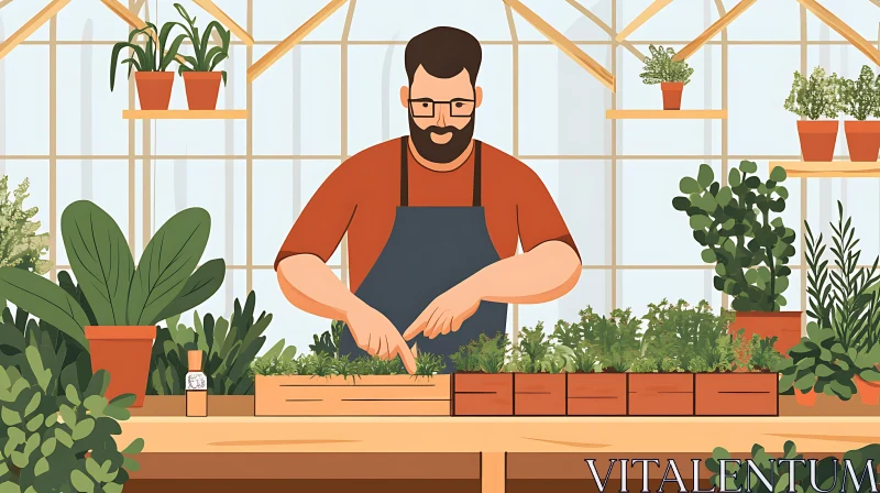 Greenhouse Gardener Tending Plants AI Image