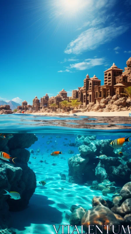A Captivating Underwater Artwork with Coral Reef and Buildings AI Image