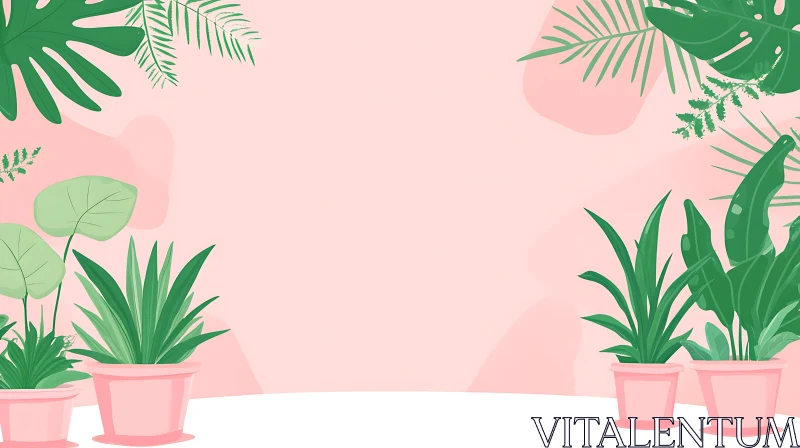 Botanical Harmony: Green Plants and Pink Background AI Image