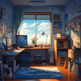 Sunlit Workspace with Blue Accents